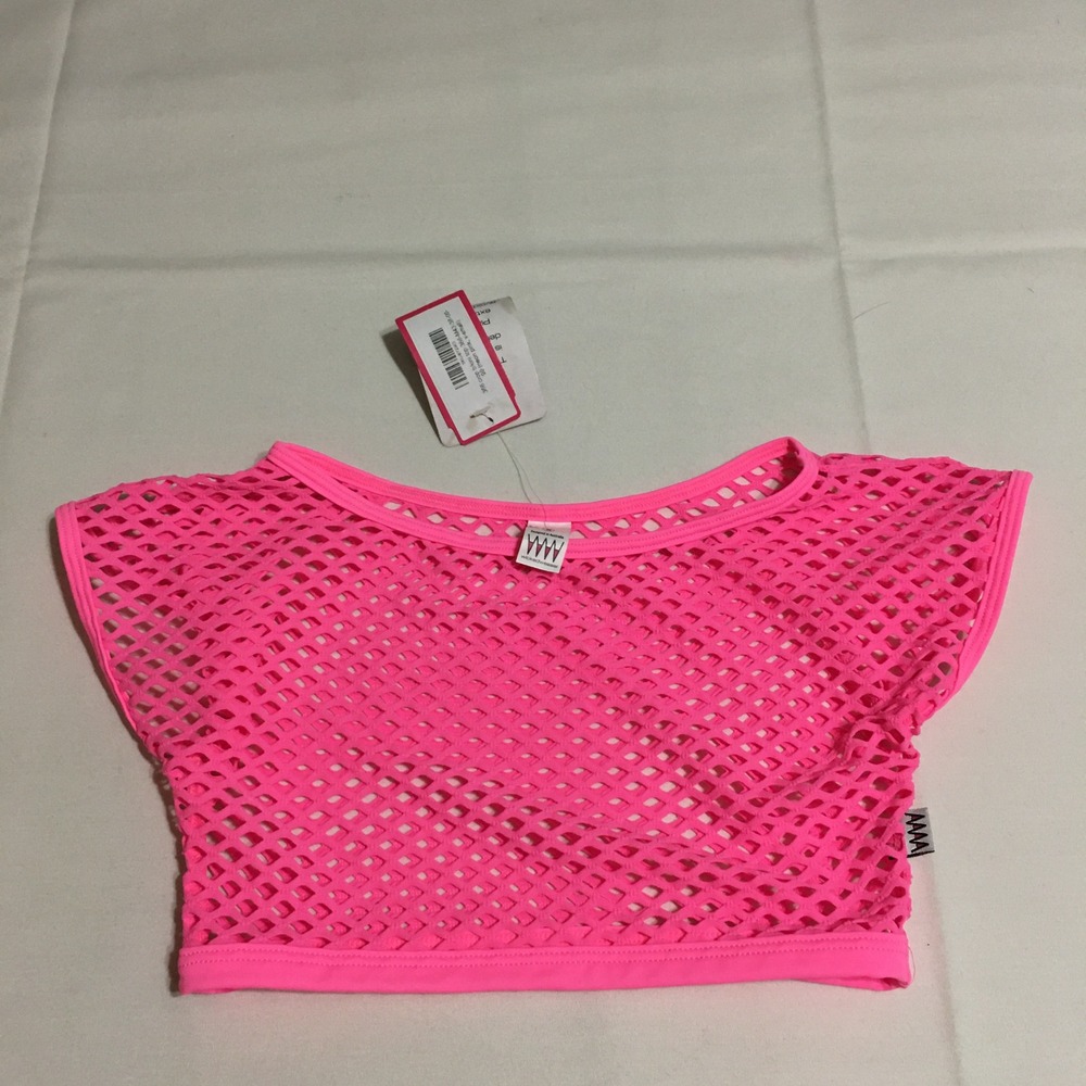 Wicked Weasel Crop Bikini Top 366 Women XS Neon Pink Fishnet Mesh NWT